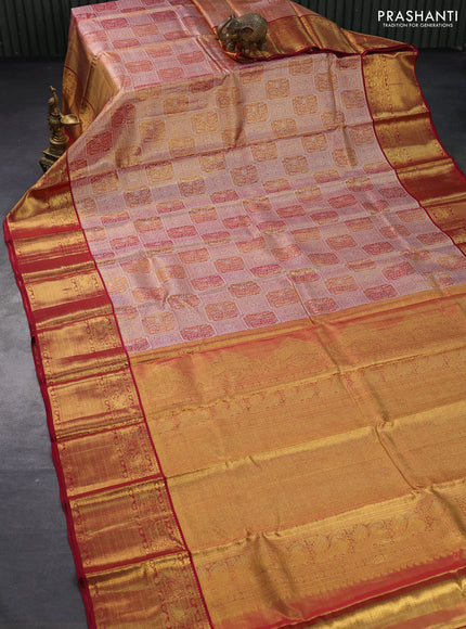 Pure kanjivaram tissue silk saree gold and dual shade of dark pink with allover silver zari woven brocade weaves and rich annam & paisley zari woven border