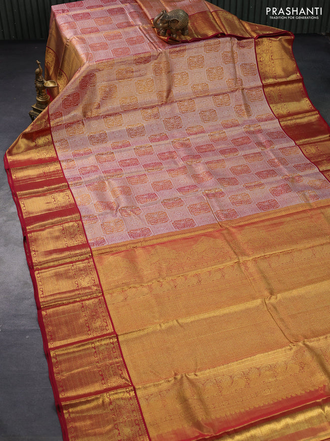 Pure kanjivaram tissue silk saree gold and dual shade of dark pink with allover silver zari woven brocade weaves and rich annam & paisley zari woven border