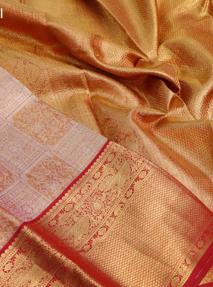 Pure kanjivaram tissue silk saree gold and dual shade of dark pink with allover silver zari woven brocade weaves and rich annam & paisley zari woven border