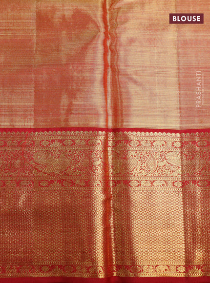 Pure kanjivaram tissue silk saree gold and dual shade of dark pink with allover silver zari woven brocade weaves and rich annam & paisley zari woven border