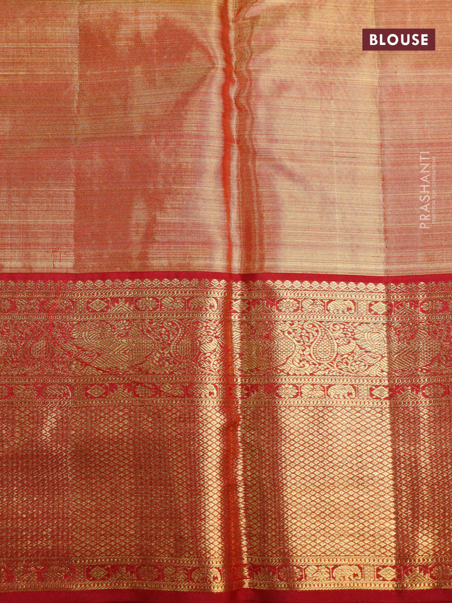 Pure kanjivaram tissue silk saree gold and dual shade of dark pink with allover silver zari woven brocade weaves and rich annam & paisley zari woven border