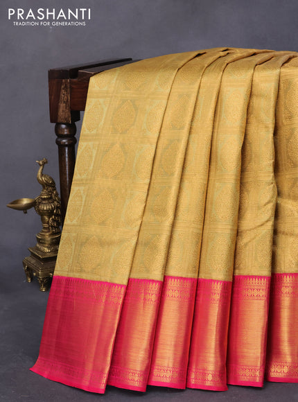 Pure kanjivaram tissue silk saree gold and pink with allover zari checked pattern & buttas and rich zari woven border