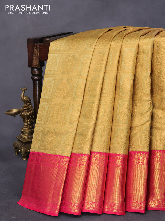 Pure kanjivaram tissue silk saree gold and pink with allover zari checked pattern & buttas and rich zari woven border