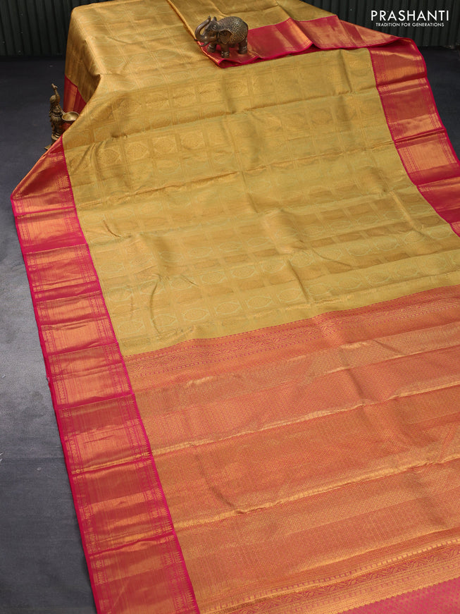 Pure kanjivaram tissue silk saree gold and pink with allover zari checked pattern & buttas and rich zari woven border