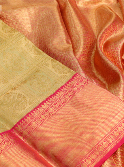 Pure kanjivaram tissue silk saree gold and pink with allover zari checked pattern & buttas and rich zari woven border