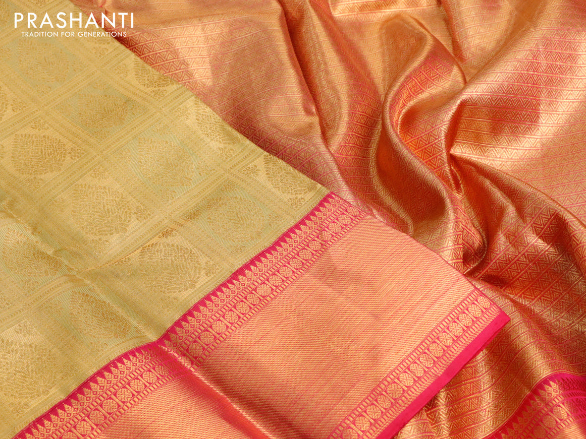 Pure kanjivaram tissue silk saree gold and pink with allover zari checked pattern & buttas and rich zari woven border