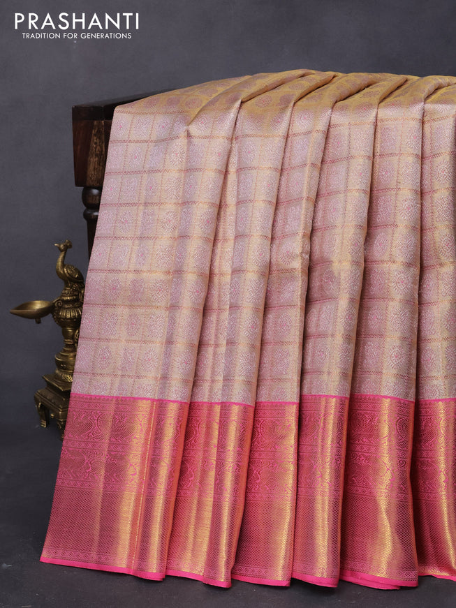 Pure kanjivaram tissue silk saree gold and peach pink with allover zari checked pattern & annam mayil chakaram buttas and long rich zari woven border