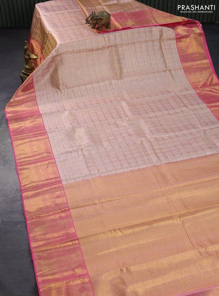 Pure kanjivaram tissue silk saree gold and peach pink with allover zari checked pattern & annam mayil chakaram buttas and long rich zari woven border