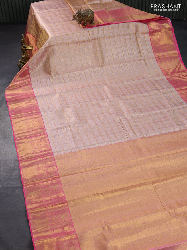 Pure kanjivaram tissue silk saree gold and peach pink with allover zari checked pattern & annam mayil chakaram buttas and long rich zari woven border