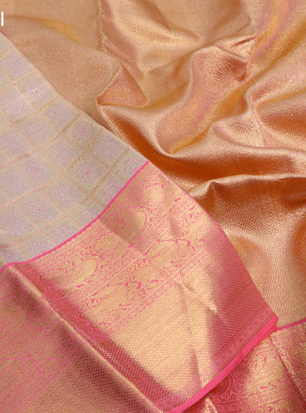 Pure kanjivaram tissue silk saree gold and peach pink with allover zari checked pattern & annam mayil chakaram buttas and long rich zari woven border