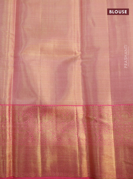 Pure kanjivaram tissue silk saree gold and peach pink with allover zari checked pattern & annam mayil chakaram buttas and long rich zari woven border