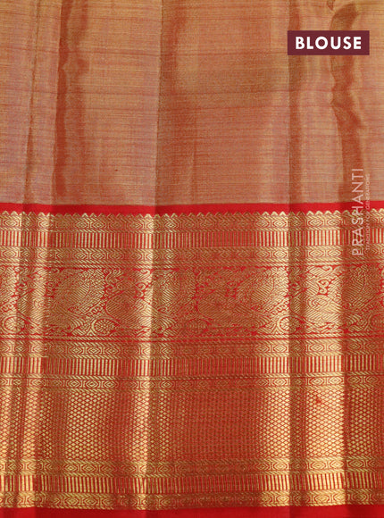 Pure kanjivaram tissue silk saree cream and red with allover silver zari woven brocade weaves and long rich annam zari woven border