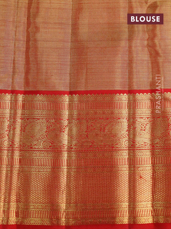 Pure kanjivaram tissue silk saree cream and red with allover silver zari woven brocade weaves and long rich annam zari woven border