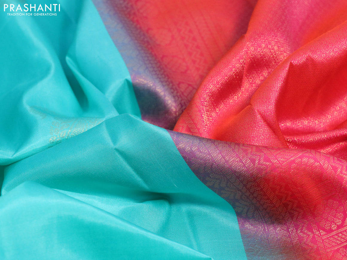 Pure kanjivaram silk saree teal blue and dual shade of pinkish orange with zari woven paisley buttas and zari woven border