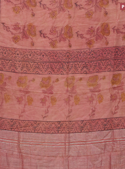 Chanderi silk cotton saree pastel peach shade and black with natural vegetable prints and zari woven gotapatti lace border