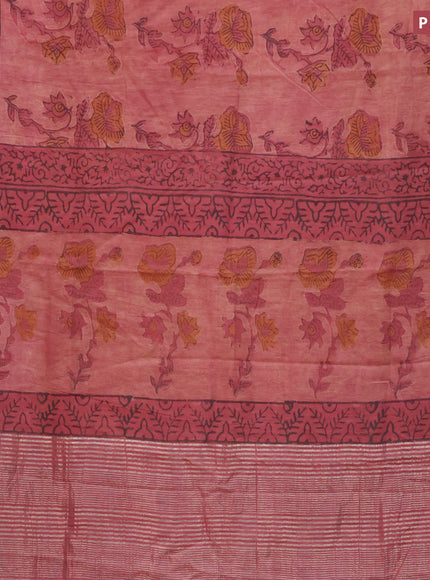 Chanderi silk cotton saree pastel peach and blue shade with natural vegetable prints and zari woven gotapatti lace border