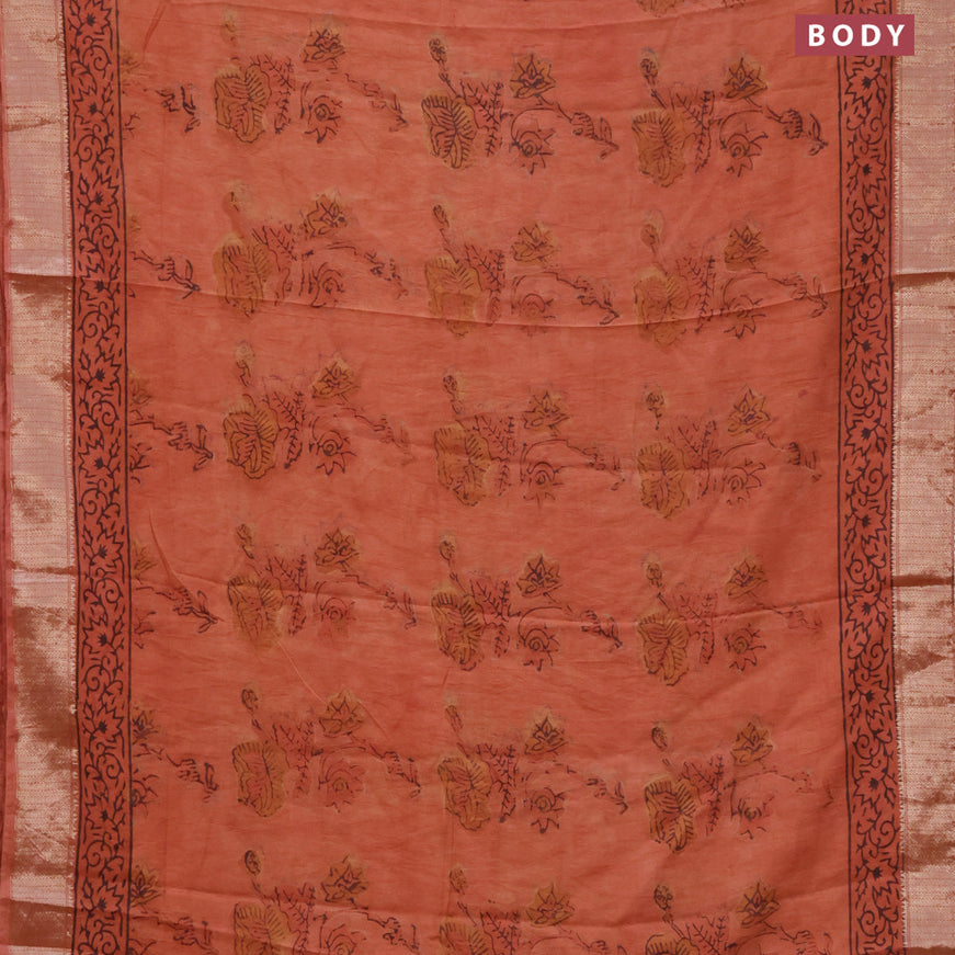 Chanderi silk cotton saree rustic orange and black with natural vegetable prints and zari woven gotapatti lace border