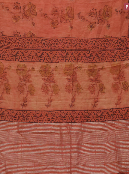 Chanderi silk cotton saree rustic orange and black with natural vegetable prints and zari woven gotapatti lace border