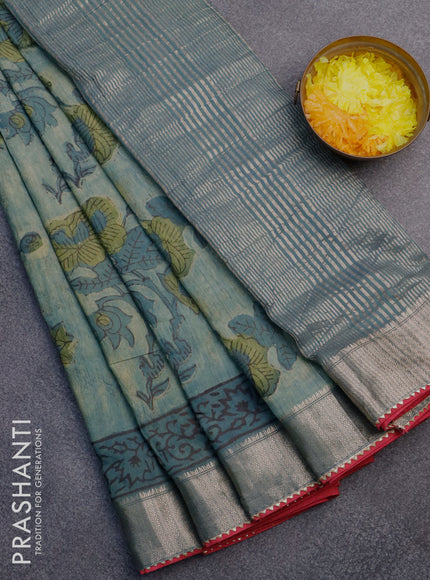 Chanderi silk cotton saree pastel green shade and pink with natural vegetable prints and zari woven gotapatti lace border