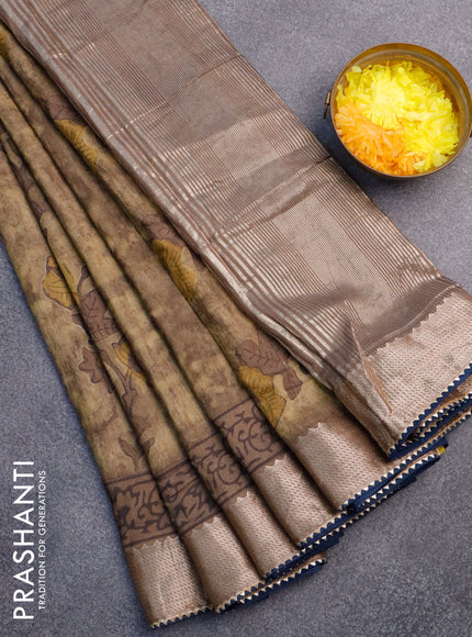 Chanderi silk cotton saree elaichi green and navy blue with natural vegetable prints and zari woven gotapatti lace border