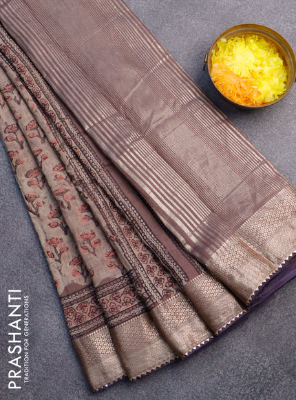 Chanderi silk cotton saree grey shade with natural vegetable prints and zari woven gotapatti lace border