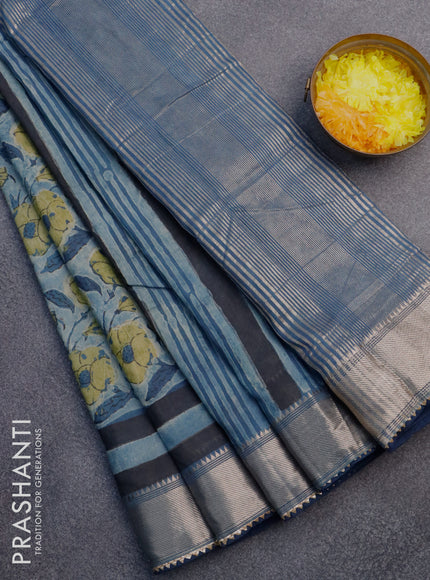 Chanderi silk cotton saree pastel blue and peacock blue with natural vegetable prints and zari woven gotapatti lace border