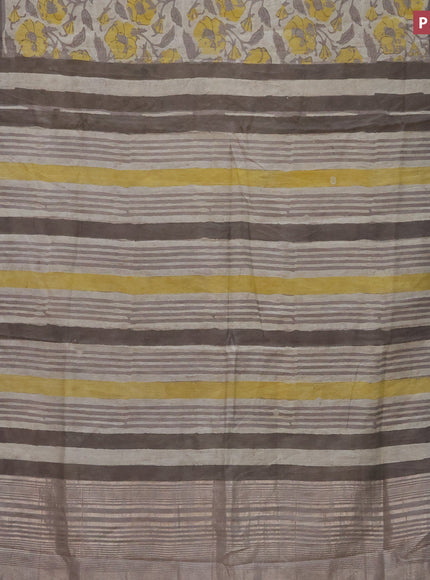 Chanderi silk cotton saree beige and grey with natural vegetable prints and zari woven gotapatti lace border