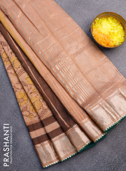 Chanderi silk cotton saree pastel peach and green with natural vegetable prints and zari woven gotapatti lace border