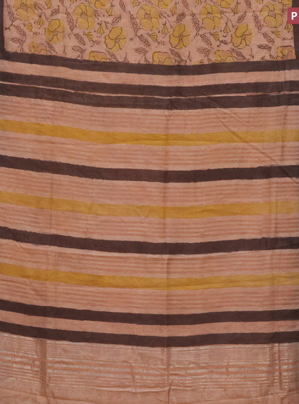 Chanderi silk cotton saree pastel peach and green with natural vegetable prints and zari woven gotapatti lace border