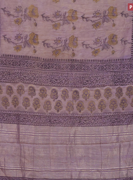 Chanderi silk cotton saree pastel brown shade and maroon with natural vegetable prints and zari woven gotapatti lace border