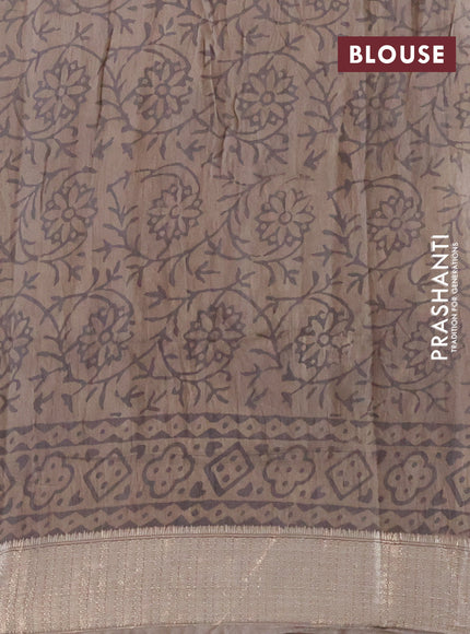 Chanderi silk cotton saree elaichi green and brown shade maroon with natural vegetable prints and zari woven gotapatti lace border