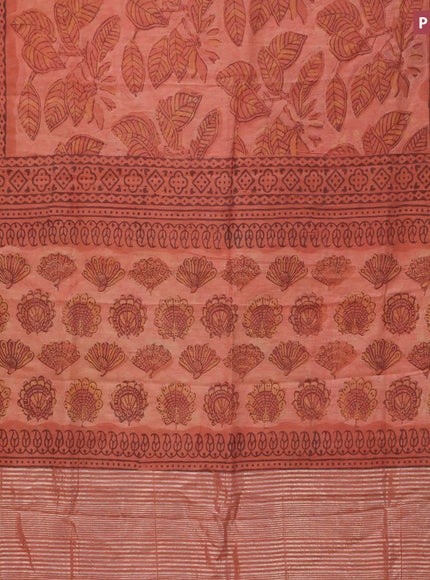 Chanderi silk cotton saree rustic orange and grey shade with natural vegetable prints and zari woven gotapatti lace border