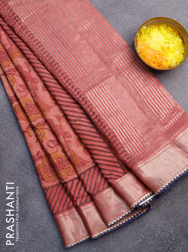 Chanderi silk cotton saree pastel peach and blue with natural vegetable prints and zari woven gotapatti lace border