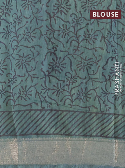 Chanderi silk cotton saree paatel green and pink with natural vegetable prints and zari woven gotapatti lace border