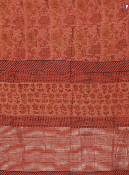 Chanderi silk cotton saree rust shade and black with natural vegetable prints and zari woven gotapatti lace border