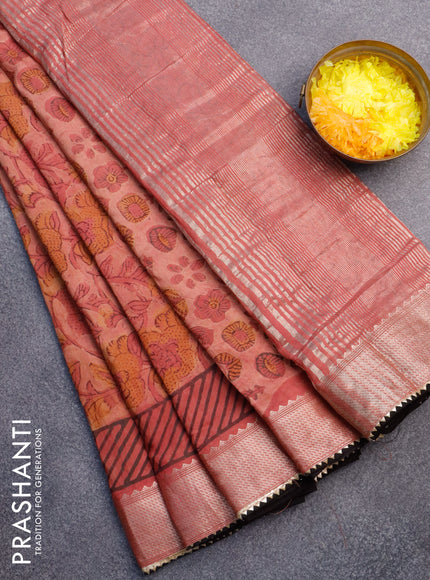 Chanderi silk cotton saree paste peach shade and black with natural vegetable prints and zari woven gotapatti lace border