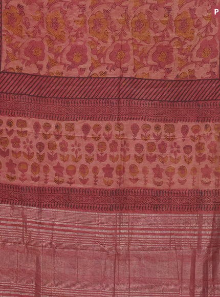 Chanderi silk cotton saree paste peach shade and black with natural vegetable prints and zari woven gotapatti lace border