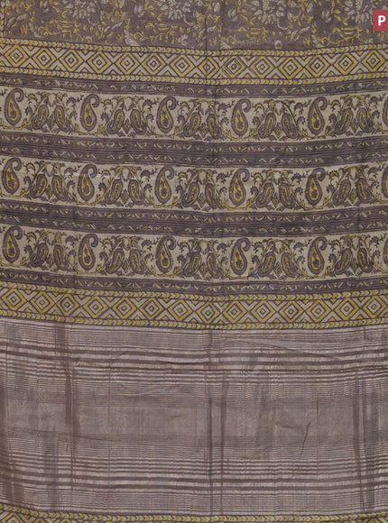 Chanderi silk cotton saree grey shade and beige with natural vegetable prints and zari woven gotapatti lace border