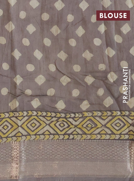 Chanderi silk cotton saree grey shade and beige with natural vegetable prints and zari woven gotapatti lace border