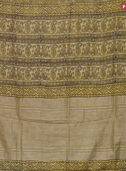 Chanderi silk cotton saree elaichi green and black with natural vegetable prints and zari woven gotapatti lace border