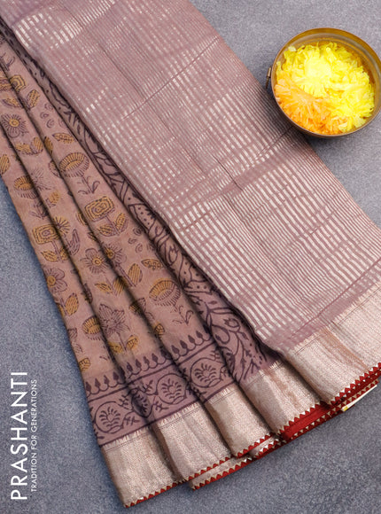 Chanderi silk cotton saree pastel brown shade and maroon with natural vegetable prints and zari woven gotapatti lace border