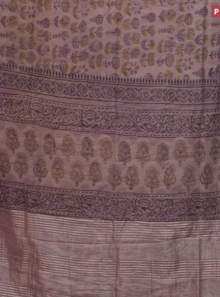 Chanderi silk cotton saree pastel brown shade and maroon with natural vegetable prints and zari woven gotapatti lace border