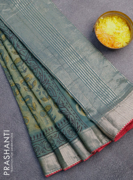 Chanderi silk cotton saree pastel green and pink with natural vegetable prints and zari woven gotapatti lace border