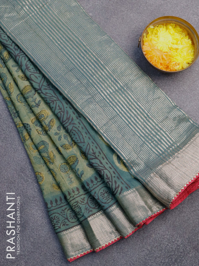 Chanderi silk cotton saree pastel green and pink with natural vegetable prints and zari woven gotapatti lace border