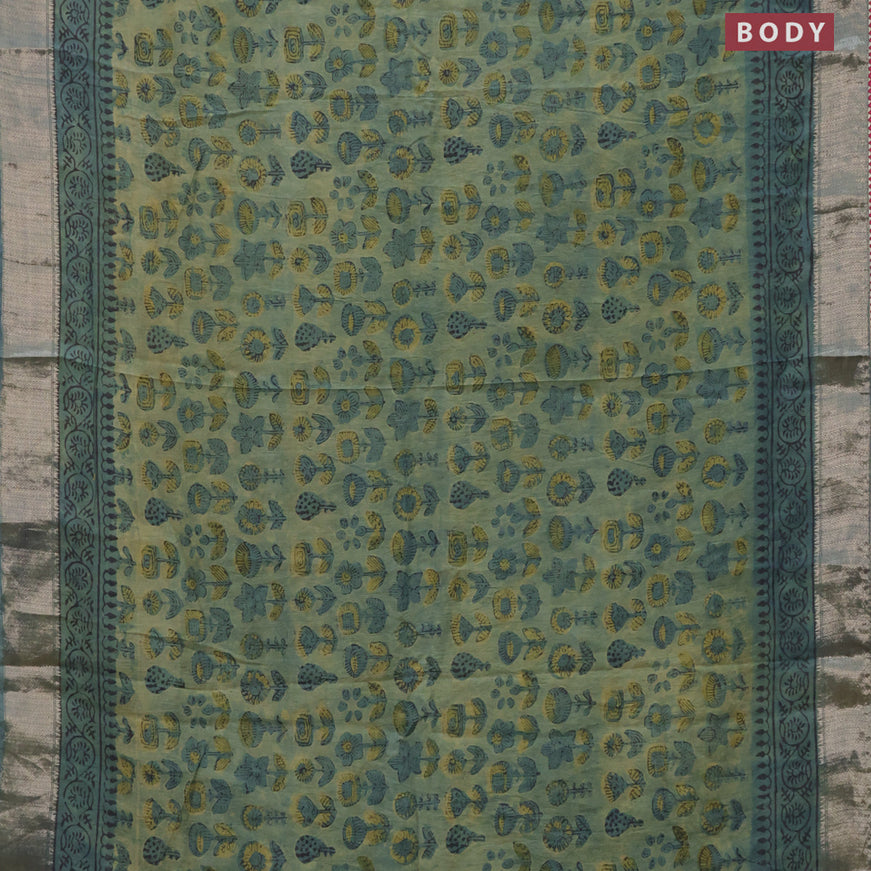 Chanderi silk cotton saree pastel green and pink with natural vegetable prints and zari woven gotapatti lace border