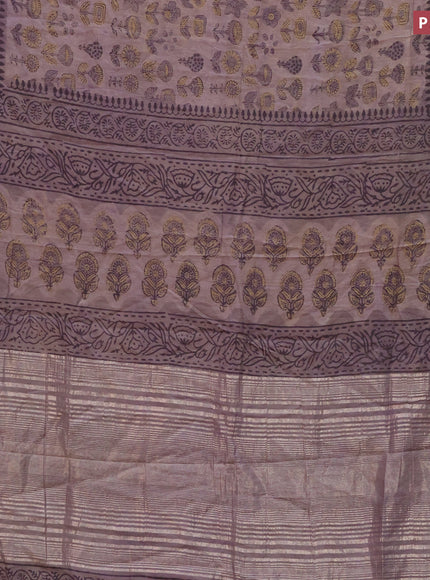 Chanderi silk cotton saree grey and maroon with natural vegetable prints and zari woven gotapatti lace border