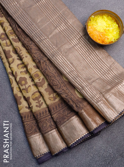 Chanderi silk cotton saree elaichi green and elephant grey with natural vegetable prints and zari woven gotapatti lace border