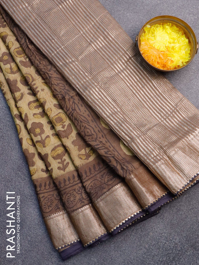 Chanderi silk cotton saree elaichi green and elephant grey with natural vegetable prints and zari woven gotapatti lace border