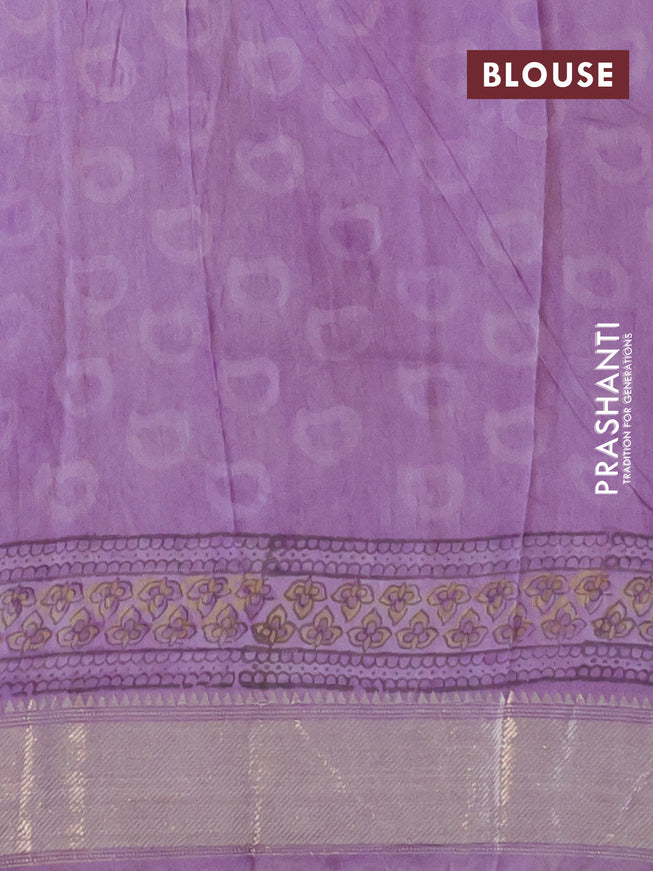 Chanderi silk cotton saree pastel violet and green with natural vegetable prints and zari woven gotapatti lace border