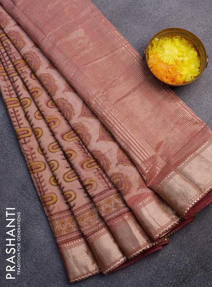 Chanderi silk cotton saree pastel shade with natural vegetable prints and zari woven gotapatti lace border